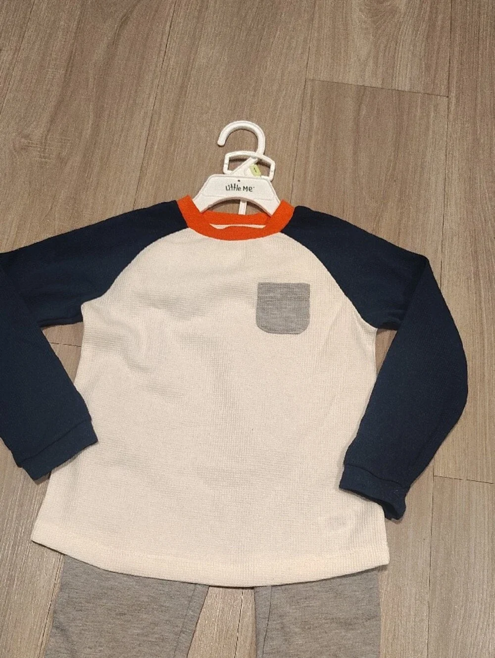 Little Me Navy Sleeve Raglan Top & Grey Joggers with Orange Neckline